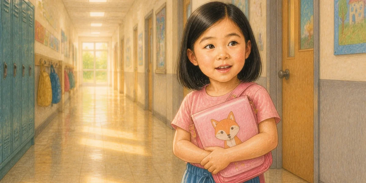 Illustration from an example book · Yuna and Her First Day at School